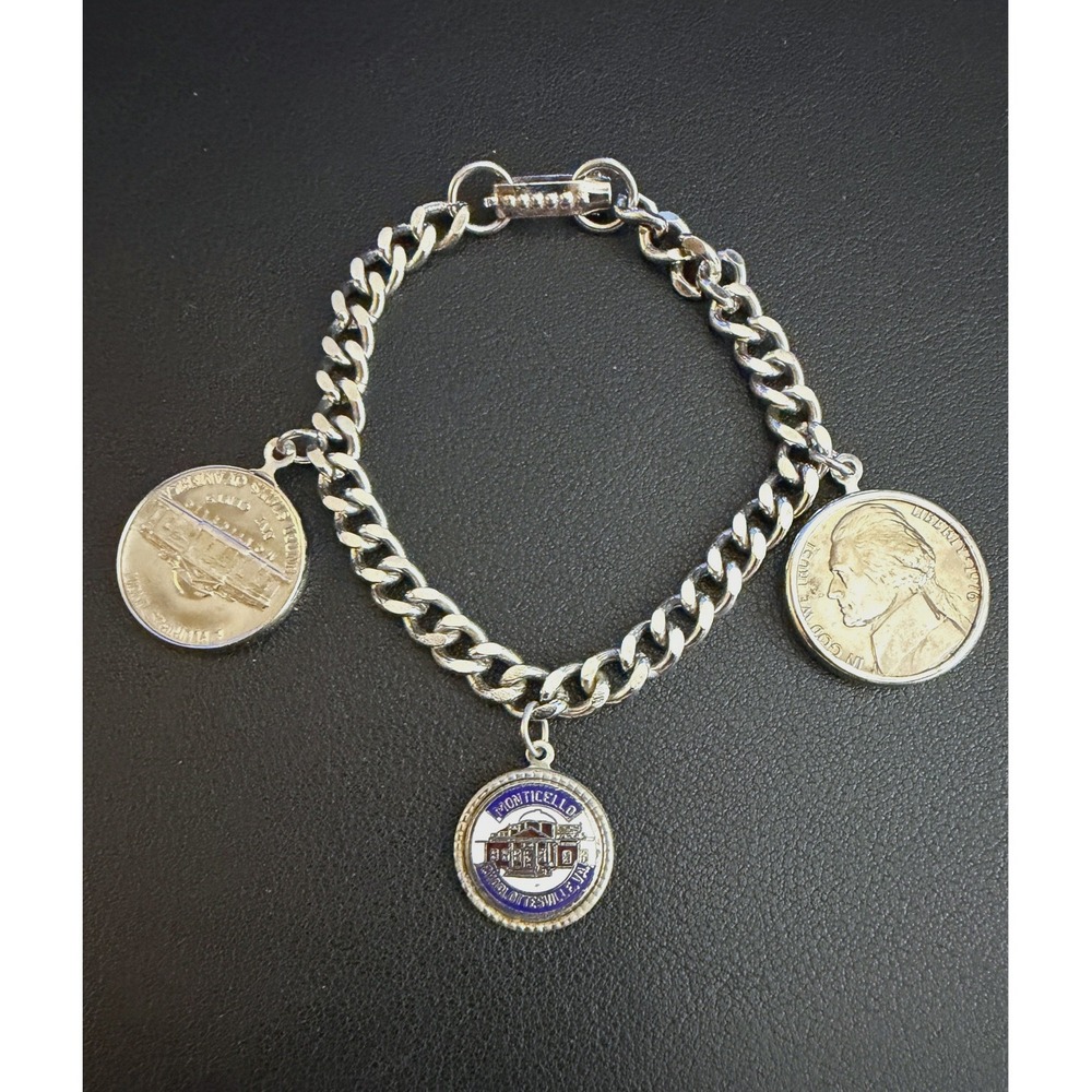 Vintage Charm Bracelet Coin Enamel Monticello Silver Tone